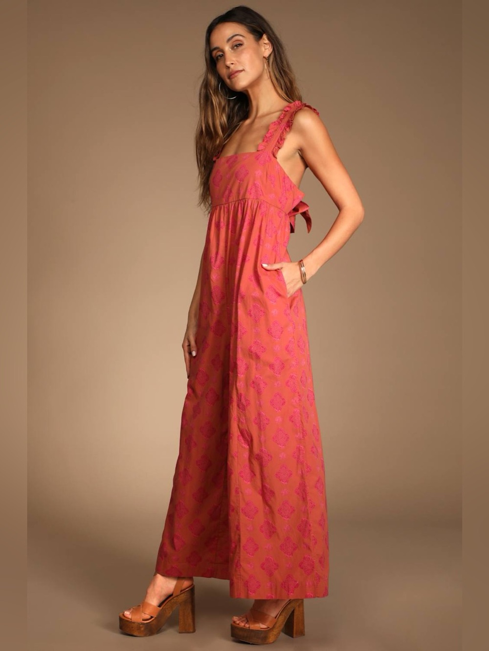 Free People Katya Jumpsuit XS Coffee Combo Pink Boho Wide Leg Fall Outfit